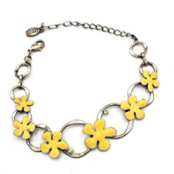 Pilgrim Signed Danish Yellow Enamel Swarovski Crystal Floral Boho Art Bracelet - Picture 1 of 5